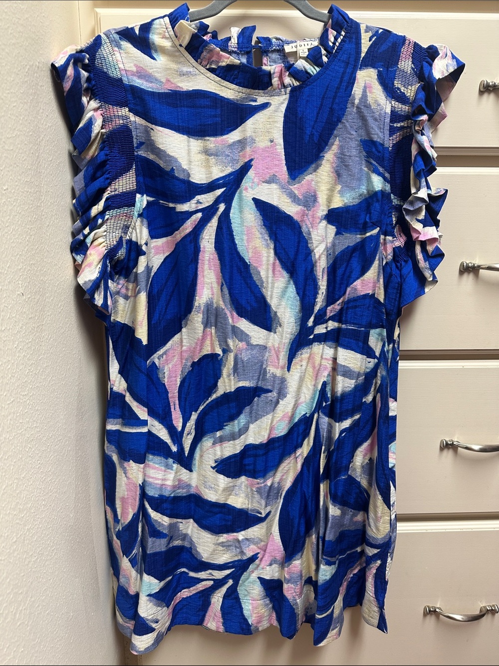 JODIFL Blue Floral Ruffle Neck dress